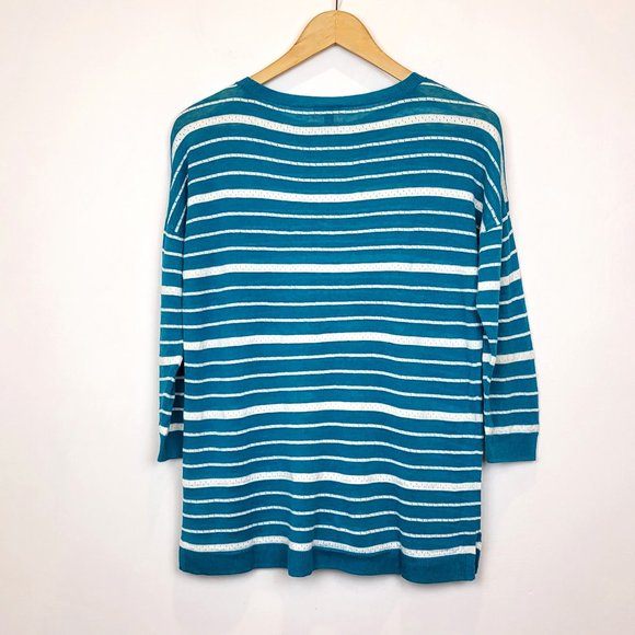 Talbots Teal Blue and White Striped Linen Blend Sweater, Size Medium Petite, GUC - Picture 2 of 6